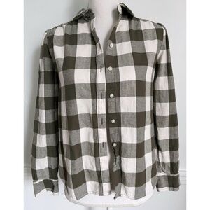 Loft • Olive Green and White Plaid Button-Up Shirt